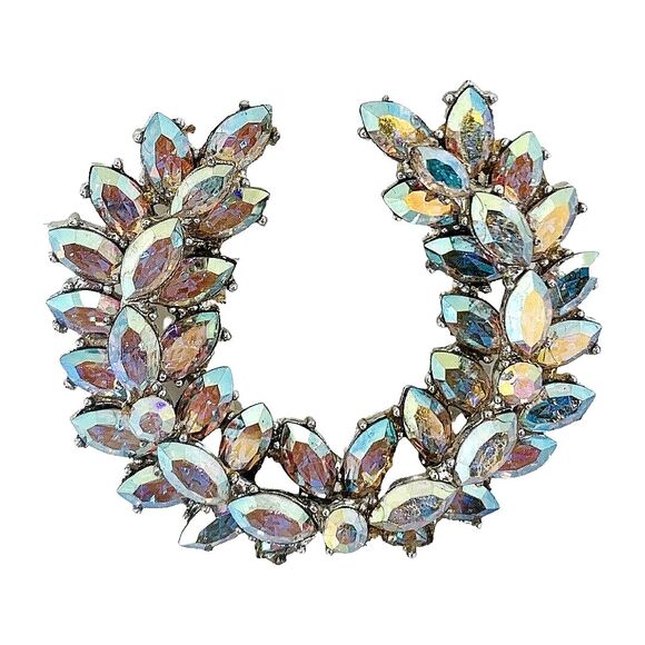 VTG Aurora Borealis Laurel Wreath Brooch 2.5" Silver Tone Sparkle